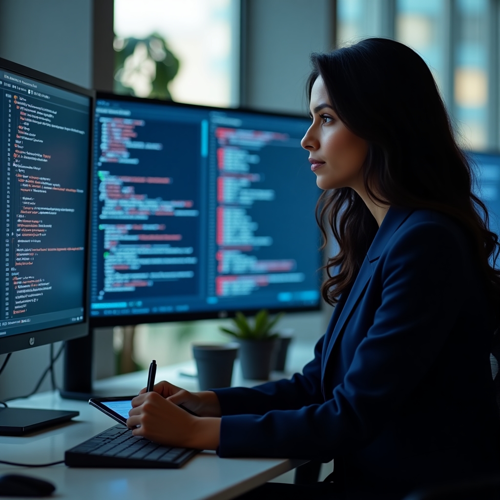 Security analyst examining code for vulnerabilities on multiple screens