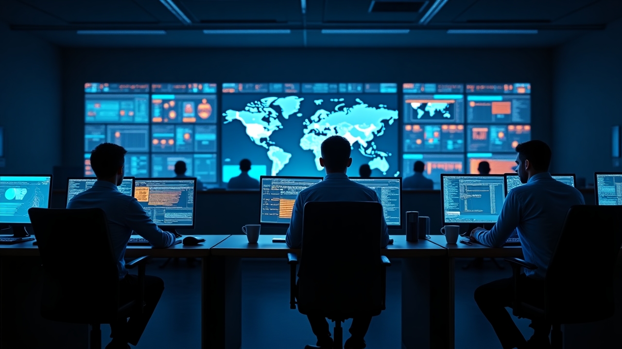 Advanced security operations center with cybersecurity professionals monitoring threats
