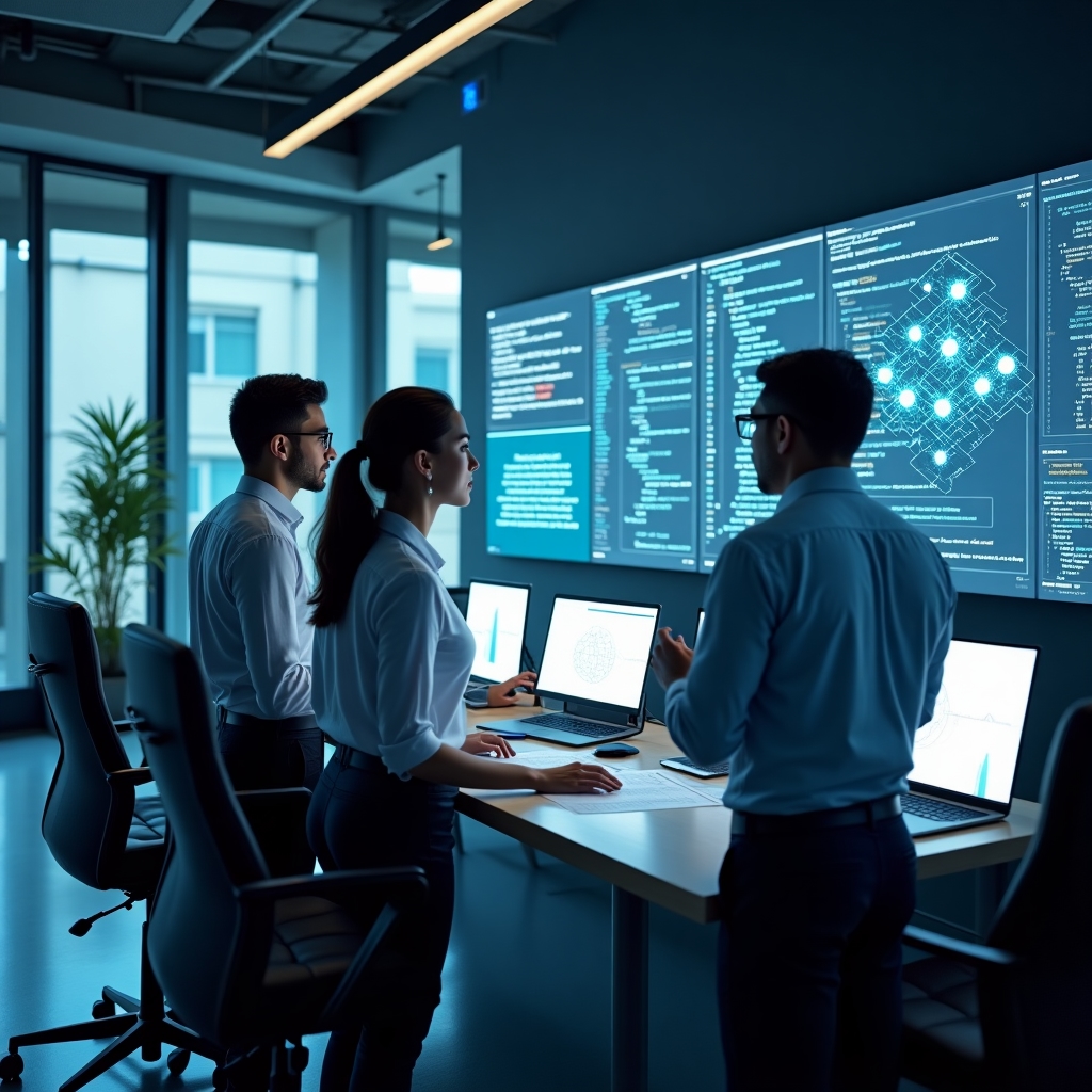 Team of blockchain specialists reviewing smart contract code and architecture diagrams
