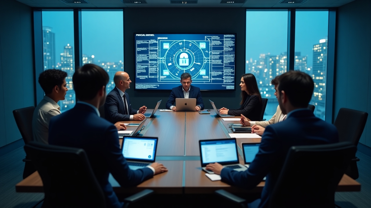 Diverse cybersecurity team collaborating on strategic security planning in a modern boardroom